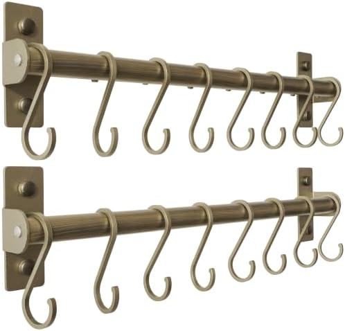 Dseap Kitchen Utensil Holder Hanger, Pot and Pan Rack wall mounted, Kitchen Rail with 8 Hooks for Hanging Cooking Utensils, Mugs, Spoons, Wall Mounted, Bronze New, Pack of 2 by Dseap
