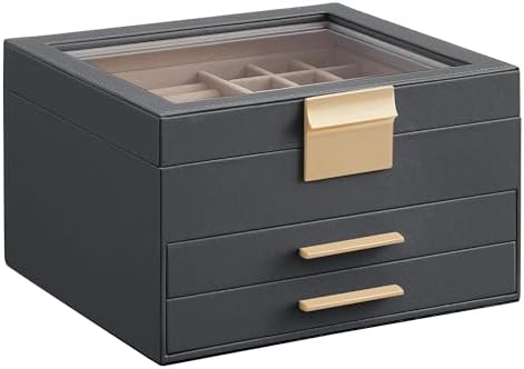 SONGMICS Jewelry Box Organizer, 3-Layer Storage with 2 Drawers, Glass Lid by SONGMICSbySONGMICSHOME