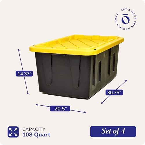 HOMZ Durabilt Plastic Storage Bins with Lids, 27 Gal, Black/Yellow, 4 Pack - Image 2
