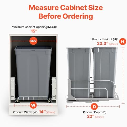 VEVOR Pull-Out Trash Can, 50 QT x2 Double Under Mount Kitchen Waste Container, Heavy Duty Garbage Recycling Bin with Door Kit and Soft Close Slide, for Kitchen Cabinet, Sink, Under Counter (Grey) - Image 4