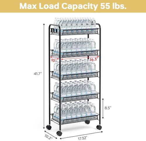 TOOLF 5 Tier Rolling Cart, Metal Utility Storage Cart with Wheels, Black - Image 5