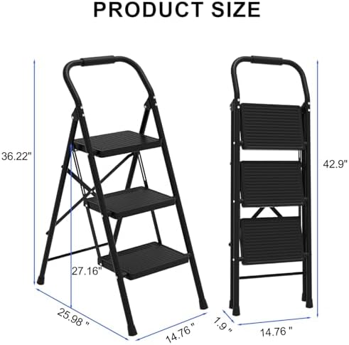 3 Step Ladder Folding 330lbs Anti Slip，Foldable Ergonomic with Wide Pedal for Home, Kitchen, OfficeMatte Black - Image 2
