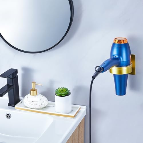 Hair Dryer Holder Wall Mounted, Blow Dryer Holder, Hair Tool Organizer for Hair Dryer Storage Hanger, Adhesive Hairdryer Holder for Bathroom Barber Shop (Gold) - Image 2