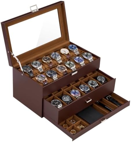 ProCase 3-Layer Watch Box with Glass Lid for Men, 24-Slot, Brown by ProCase