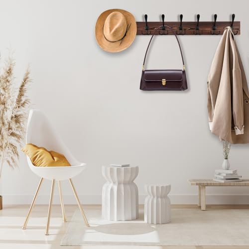 Kuhome 32.2'' Large Coat Rack Wall Mount Coat Hooks Coat Hanger with 8 Metal Black Triple- Hooks Brown Pine Real Wood Plank Hat Rack for Wall Hooks for Hanging Coat Hat Jacket - Image 4
