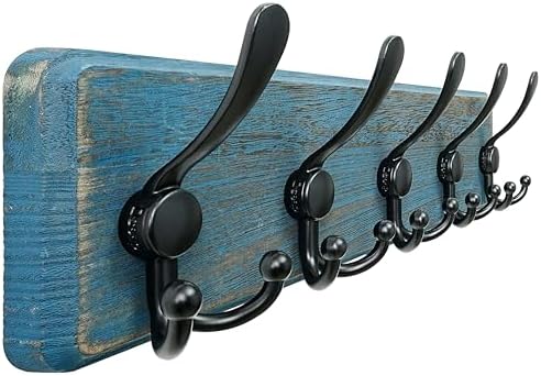 Dseap Coat Rack Wall Mount - Heavy-Duty Robust Barnwood-Style Wooden Wall Coat Hanger Hook Rail with 5 Triple Hooks for Winter Coats Hat Jacket Clothing, Weathered Blue & Black by Dseap