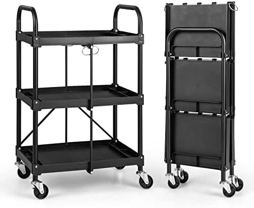 Goplus Folding Utility Cart on Wheels, 250lbs 3-Tier Rolling Tool Cart w/Lockable Casters & Compartments, Fast Fold up Collapsible Metal Service Cart for Office, Garage, Kitchen, Black by Goplus