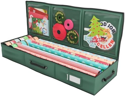 Primode Wrapping Paper Storage Container | Gift Wrap Organizer Under Bed | 41”x14”x6” | Box Holder for 18-24 Rolls Up to 40” | 600D Oxford Material | Pockets for Ribbon, Bows, and Accessories (Green) by Primode
