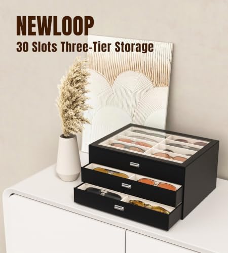NEWLOOP Sunglass Organizer Display Case - Sunglasses Holder for Men Women Multiple Pair Eye Glasses Storage Organizer 3-Layer Jewelry Watch Eyeglass Collection Box with 30 Slots, Black - Image 2