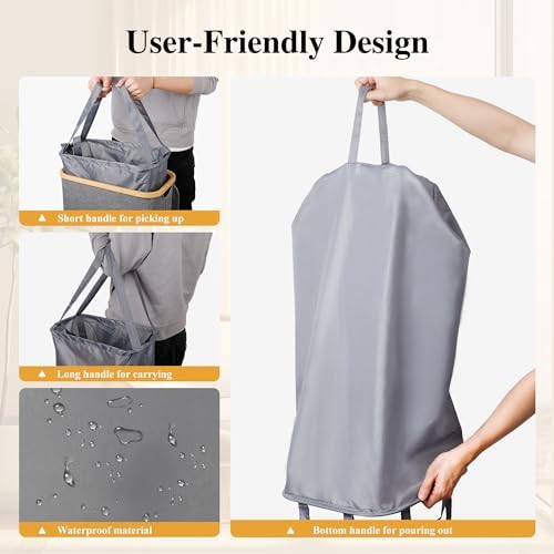 Foluck Slim Laundry Hamper, 60L Waterproof Narrow Laundry Basket with Lid and Removable Bag, Collapsible Tall Clothes Hamper with Bamboo Handles for Clothes Toys in Dorm Bedroom Bathroom, Grey - Image 4