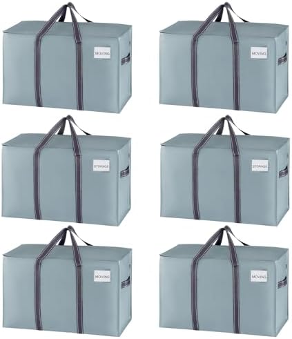 VENO 6 Pack Heavy Duty Moving Bags, Extra Large Storage Bags with Reinforced Handles & Strong Zippers, Foldable & Reusable Moving Box Alternative for Clothes & Dorm Storage by Veno