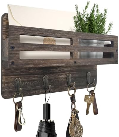 Key Holder Wall Mount Farmhouse Key Hooks for Wall with Mail Organizer Decorative Key Rack with 4 Sturdy Hooks for Dog Leash, Sunglasses, Rustic, Paulownia Key Hanger for Entryway, Brown by KISENG