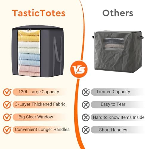 TasticTotes 120L Extra Large Blanket Clothes Storage Bags, Gray, 1 Pack - Image 5
