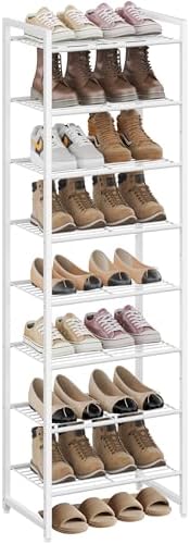 Nunsino Narrow Shoe Rack, 8-Tier Metal Shoe Organizer,Tall Shoe Shelf with Anti-Tip Strap, Max Holds 18 Pairs,Space Saving for Closet,Entryway,White by Nunsino