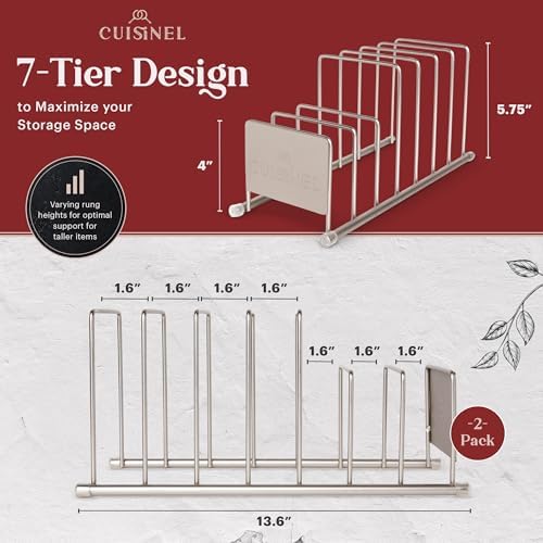 Cuisinel Lid and Dish Organizer Rack - 2-Pack Satin Nickel Kitchen Storage Organization Stand - Plate Holder, Pan/Pot Covers, Cutting Board and Cookie Sheet Divider - 7-Tier Cabinet/Counter Display - Image 4