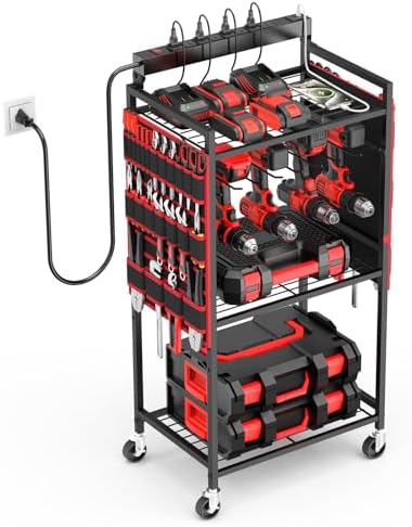 JUNNUJ Power Tool Charging Organizer Cart, 8 Outlet 3 USB, 6 FT Cord, Red by JUNNUJHome