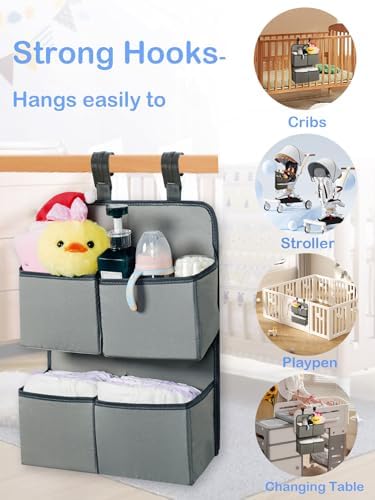 Hanging Diaper Organizer for Crib/Playpen/Bassinet/Playard – Hold 80+ Diapers - 4 Deep Pockets- Changing Table Diaper Holder Bag- Diaper Storage for Newborn Baby Essentials Stacker Caddy, Gray - Image 3