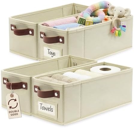 DECOMOMO Narrow Storage Bins, Small Basket with Handles (Beige, 4 Pack) by DECOMOMO