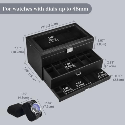 ProCase 3-Layer Watch Box with Glass Lid for Men, 24-Slot, Allblack - Image 3