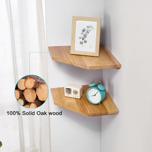 Corner Wall Shelves, Corner Floating Shelves Set of 2 Solid Oak Wood Display Shelf with Wire Hole Small Plant for Kitchen Living Room Natural - Image 5