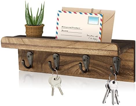 Key Holder Wall Mount, Farmhouse Wall Shelf with 4 Hooks for Entryway by Hronrad