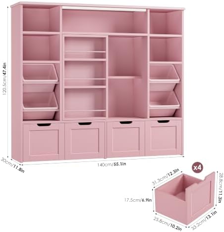 FINETONES Toy Storage with Sliding Bookshelf, Toy Organizer with 4 Bins - Image 3