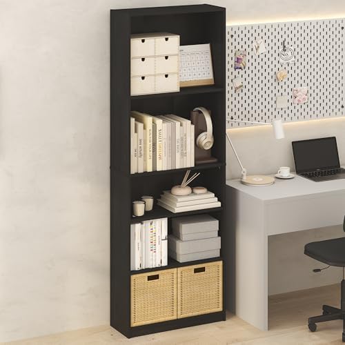 Furinno Jaya Simply Book Shelf, 5-Tier Bookshelf, Bookcase with Adjustable Shelves, 9.5 x 24.5 x 71.2, for Living Room, Bedroom, Home Office, Darkwood - Image 2