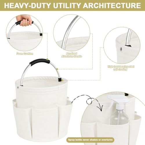 Premium Cleaning Caddy with Handle | Large Capacity Cleaning Supply Caddy with Deep Side Pockets | Collapsible Organizer Bag for Car Wash Supplies and Garden Tools (White) - Image 2