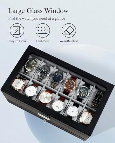 GUKA Watch Box 12 Slot Watch Display Organizer Leather Jewelry Case Drawer Glass Birthday for Men Women, Child Husband Dad GK-012BKGREY-LED-24 - Image 5