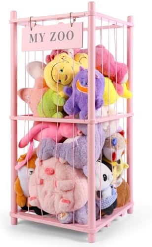 GLDZI Stuffed Animal Storage Zoo, Wooden Stuffed Animal Organizer with Elastic Cords for Boys Girls, Space Saving Toy Plushies Storage Holder for Playroom, Bedroom, Living Room (Pink, Small) by GLDZI