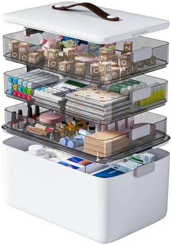 MOPUP 4-Tier Medicine Craft,Sewing,Art,Organizer Storage,Portable Latch Bin with Lid and Leather Handle,Pill Bottle, First Aid,Multipurpose Organizer with Removable Tray,A Household Essential by MOPUP