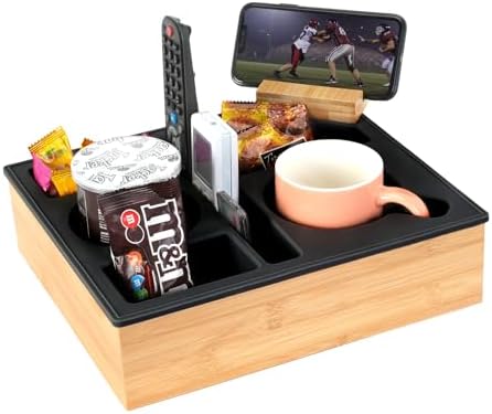 Couch Cup Holder Tray, Hitseon Silicone Bamboo Couch Caddy with Rotatable Phone Holder for Bed Car Seat Organizer, Waterproof Anti-Spill Couch Drink Holder for Snacks Beverage Remote (Black) by Hitseon
