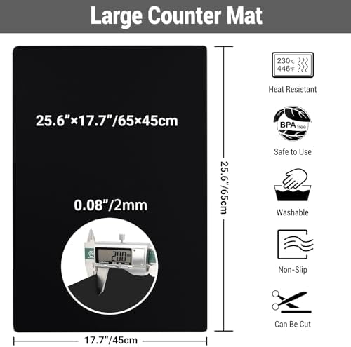 Ewen 25.6x17.7in Large Silicone Kitchen Counter Mat, 2mm Thick Heat Resistant Countertop Protector, Baking Silicone Mat under Air Fryer Toaster Oven Microwave Coffee Maker Cutting Board Drill Black - Image 3