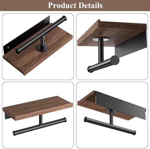 Tindbea Double Toilet Paper Holder with Wood Shelf, Wooden Wall Mount Toilet Paper Roll Holder, Matte Black Stainless Steel Bathroom Toilet Tissue Holder (Walnut) - Image 5