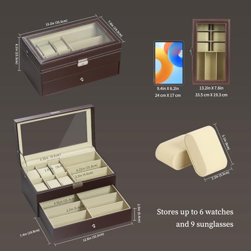 AUTOARK Leather 6 Watch Box & 9 Eyeglasses Storage Case,Brown,AW-130 - Image 2
