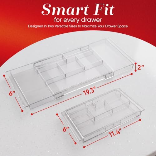 Masirs Expandable Drawer Organizer - Customizable Makeup Vanity Organizing Storage Tray for Bathroom, Bedroom & Desk Drawers - Clear Plastic Cosmetics Organizers with Expanding Compartment (Set of 2) - Image 2