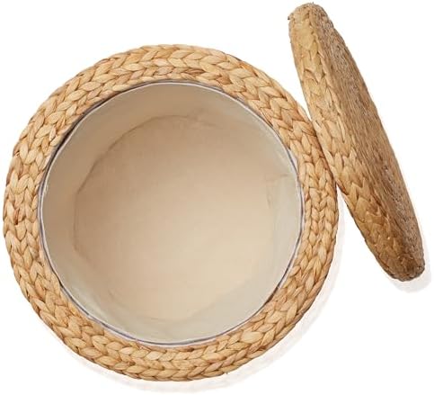 Casafield 17" Round Storage Ottoman with Lid - Natural, Handwoven Water Hyacinth Footstool for Living Room, Bedroom, Bathroom, Home Office - Image 6