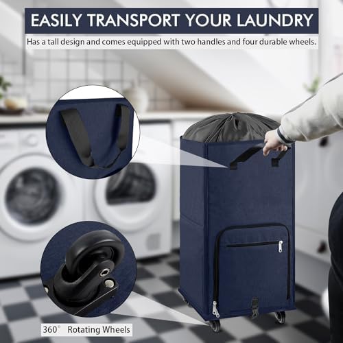 Bukere Large Rolling Laundry Basket, Laundry Hamper with Wheels, 4 Casters and 2 Handles, Collapsible Freestanding Wheeled Laundry Bag for Clothes, Apartment, College - Image 2