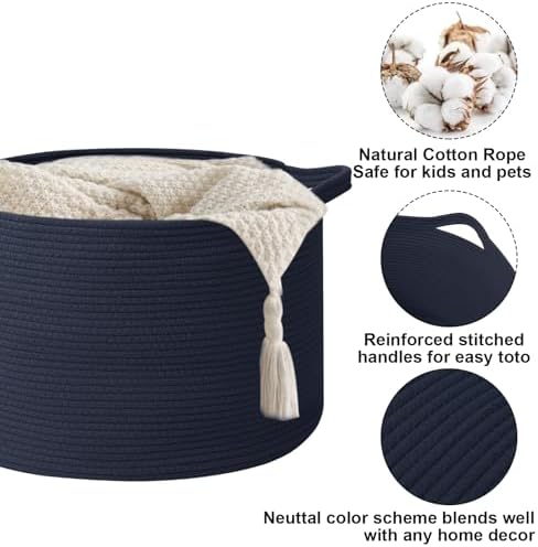 115L Extra Large Woven Cotton Rope Laundry Basket-Navy Blue - Image 3