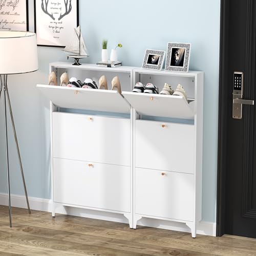 Shoe Cabinet with 3 Flip Drawers, Narrow Shoe Storage Cabinet, Farmhouse Shoe Organizer, Freestanding Organizer with Metal Legs for Entryway, Foyer (White, Narrow 3-Door) - Image 5