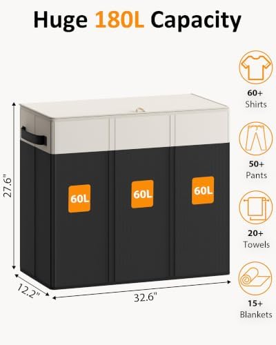 Optish 180L Laundry Hamper 3 Section, Large Hamper with Mesh Bags & Lid - Image 2