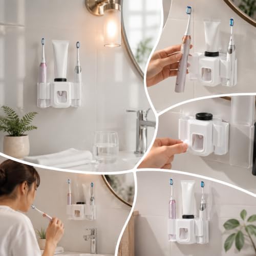 No Drill Wall Mount Electric Toothbrush Holder with Toothpaste Dispenser - Image 3