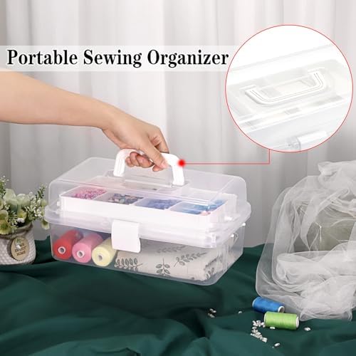 BTSKY 3-Layer Clear Plastic Dividing Storage Box Craft Organizer and Storage with Adjustable Spacers Portable Handled Art Supply Organizer Multipurpose Home Utility Box Sewing Organizers(Beige White) - Image 6