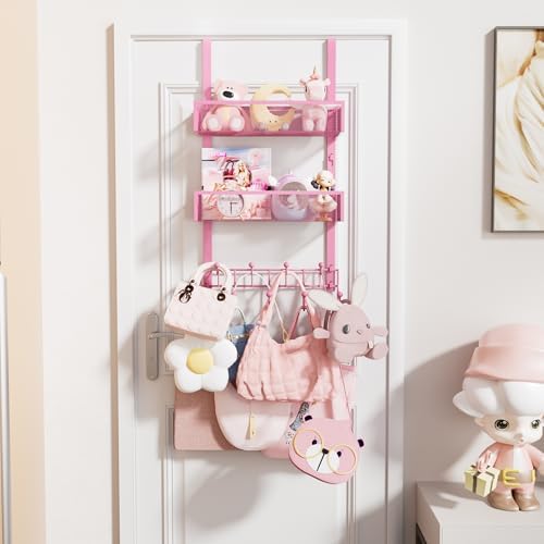 HapiRm Over The Door Hanger with Coat Hooks and 2 Baskets, Rustproof & Waterproof Pink Over The Door Hooks, Storage Organizer for Hats, Bathroom, Kitchen, Bedroom - Pink - Image 6