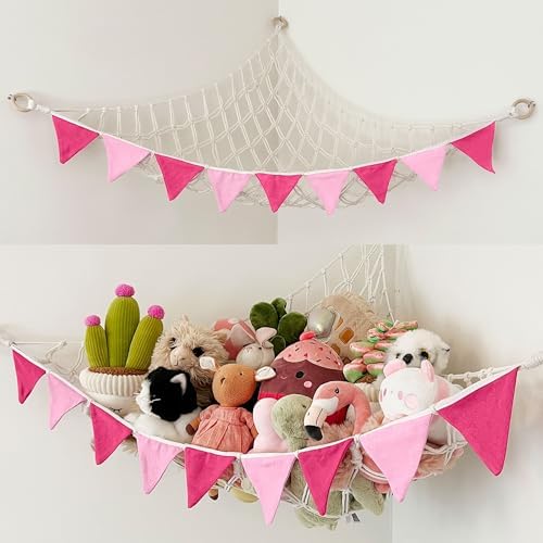 Stuffed Animal Hammock Corner - Large Stuffy Storage With Colorful Flags - Squishie Storage and Plushie Net Stuffed Animal Hammock (Pink) by Unknown