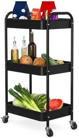 3-Tier Rolling Cart, Metal Utility Storage Carts with Wheels, Black by PNVXNUS