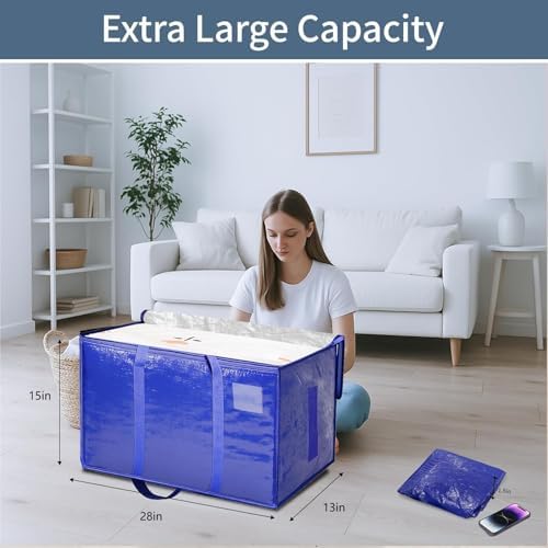 16 Pack-Extra Large Heavy Duty Moving Bags - Waterproof Storage Totes with Handles & Zippers, Foldable for College Dorm, Storage (Blue) - Image 2