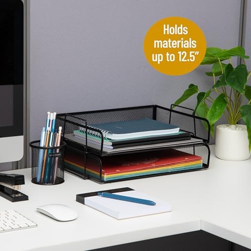 Mind Reader Stackable Paper Tray, Desktop Organizer, File Storage, Office, Metal Mesh, 13.25" L x 9.75" W x 6.25" H, 2 Pcs., Black (Pack of 8) - Image 2