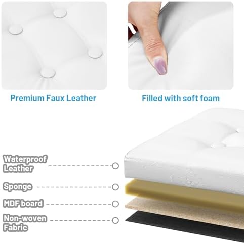 Bsketa Storage Ottoman Bench,16 Inch Folding Leather Foot Rest Stool, White - Image 5