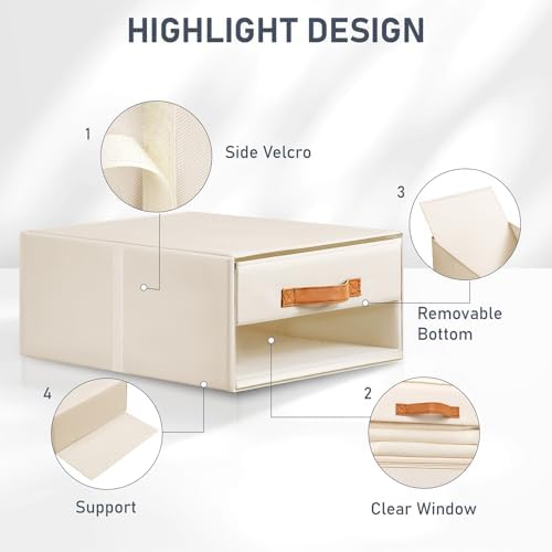 DIMJ Closet Organizers and Storage - Pull-out Fabric Bins with Drawers for Closet Foldable Clothes Organizers with Clear Window, Stackable Storage Drawers for Bedroom,Living Room,Shelf,4-Pack, Beige - Image 6